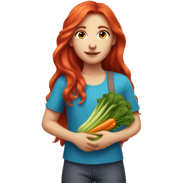 Girl with blue eyes long red hair holding vegetables emoji