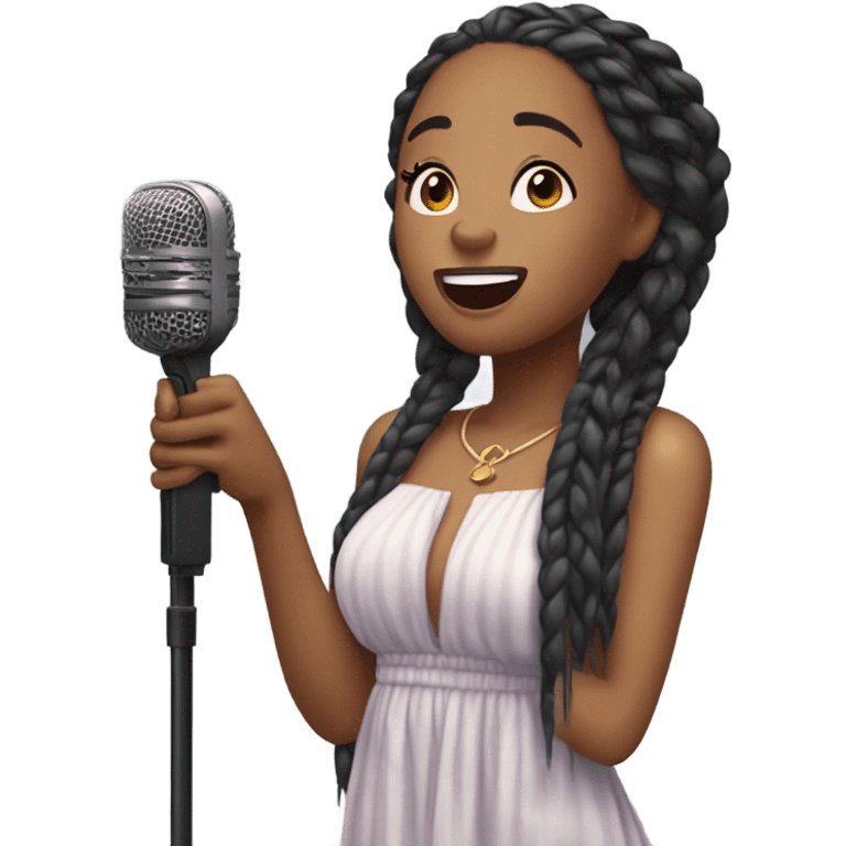 attractive young black woman with her eyes closed with long box braids, flowy dress singing with a mic emoji