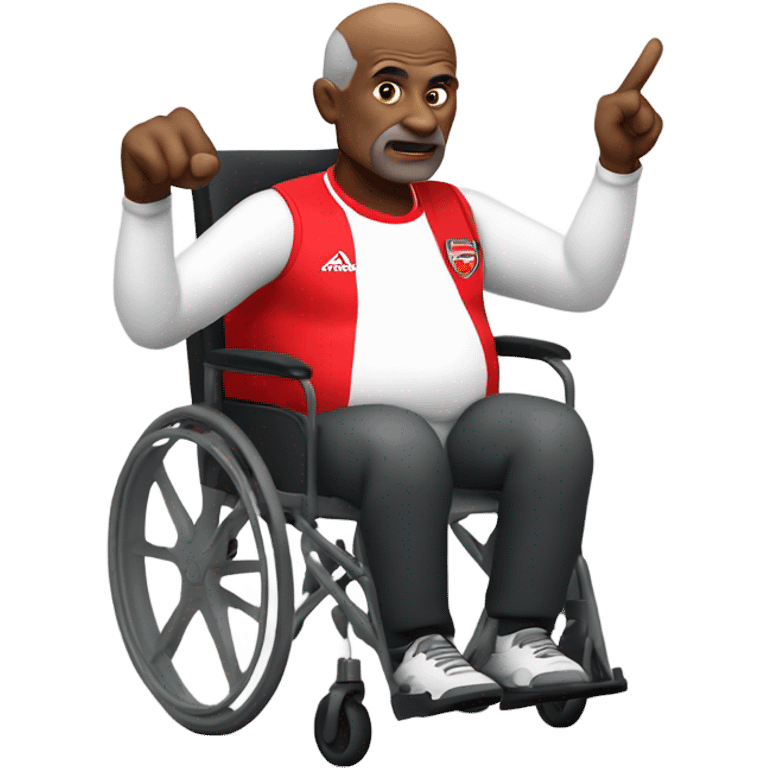 old black bald man with a round belly in wheelchair. angry face. grey stubble. he is pointing finger in front. wearing Arsenal soccer shirt. word bubble emoji