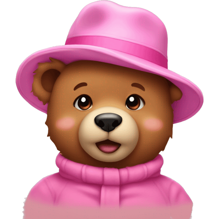 Teddy bear wearing a pink hat and blushing emoji