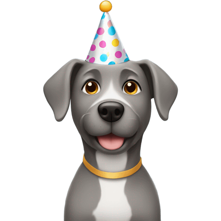 Gray dog wearing a birthday hat emoji