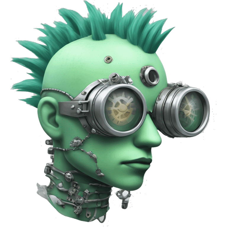 Pastel green Mohawk cyborg head with silver steampunk goggles emoji