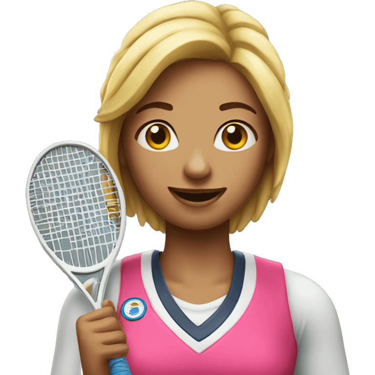 A woman holding a teniss racket and having a 1st place medal emoji