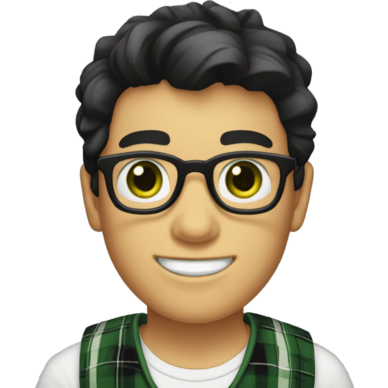 Draw a boy wearing glasses, a white T-shirt with a black plaid shirt over it, smiling, white skin, green eyes, and a nice hairstyle called “curtains” (dark black hair). hair.) emoji