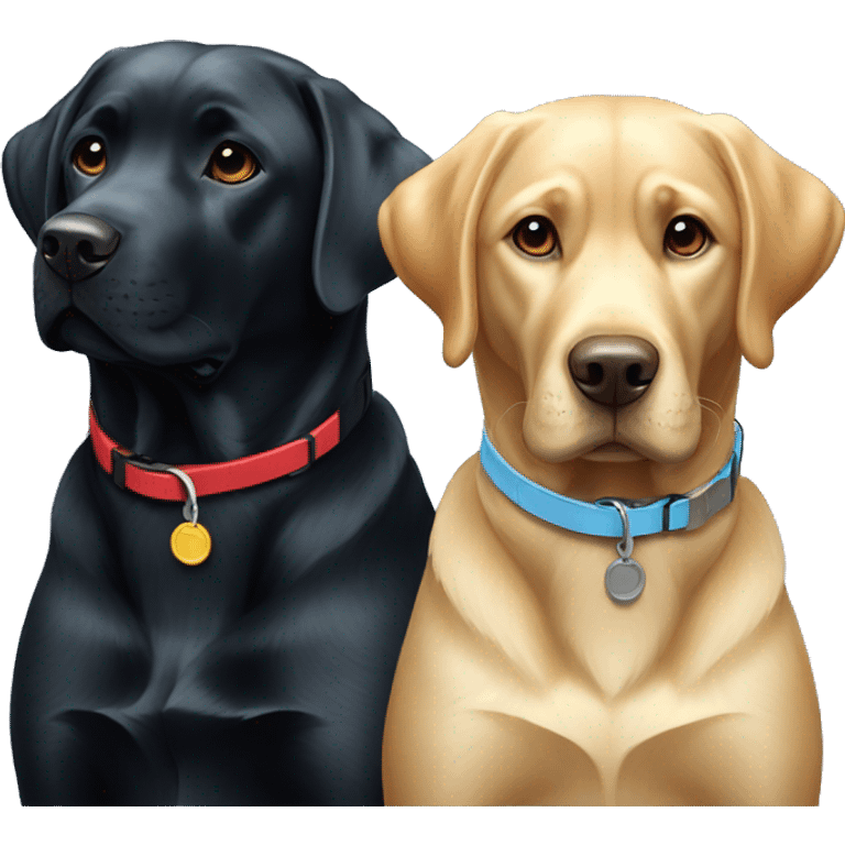 black-coloured labrador on the left with red collar, black-coloured labrador on the right with light blue collar. emoji