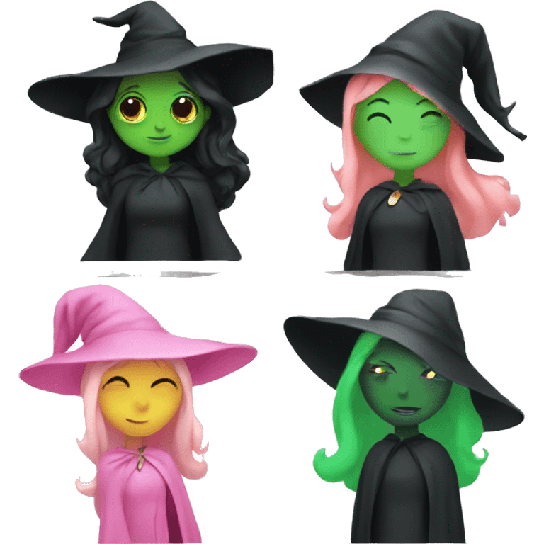 Witch dressed in black with green skin hugging pink dressed white witch emoji