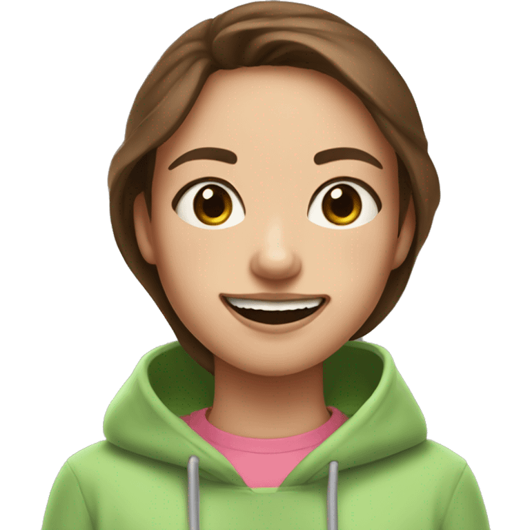 Girl with brown hair, crooked teeth and a pink hoodie with a matcha emoji