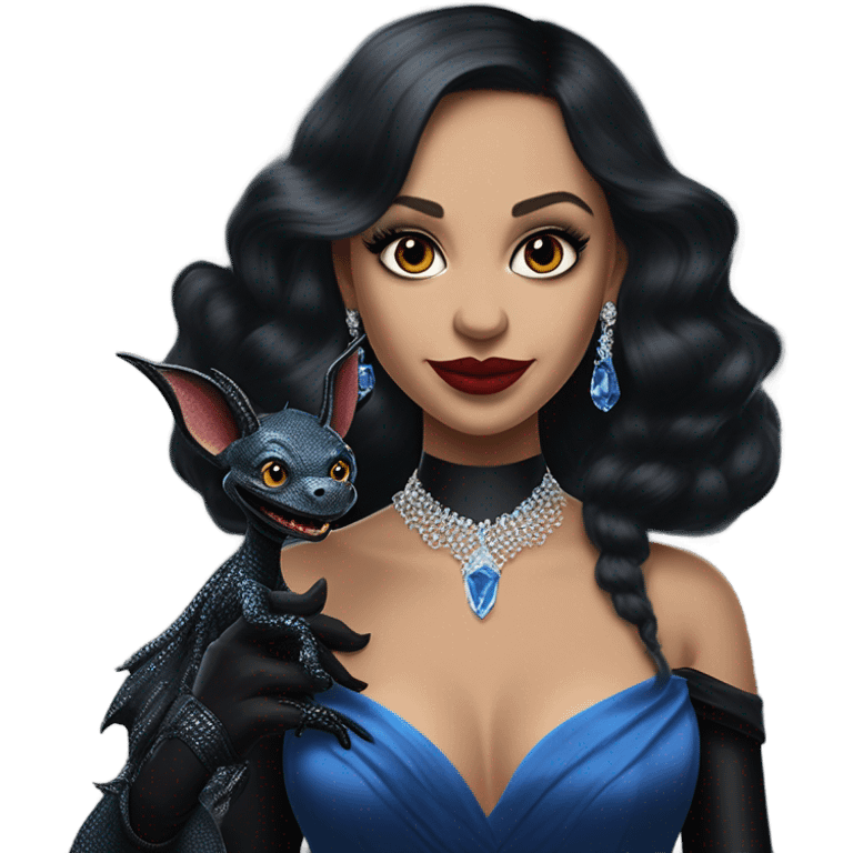 relaxed low-cut back silk black evening ball gown with lace gloves, Jenna Ortega as Addams woman wearing a mini diamond tiara, very large blood blue evil-looking horned old dragon hand puppet emoji