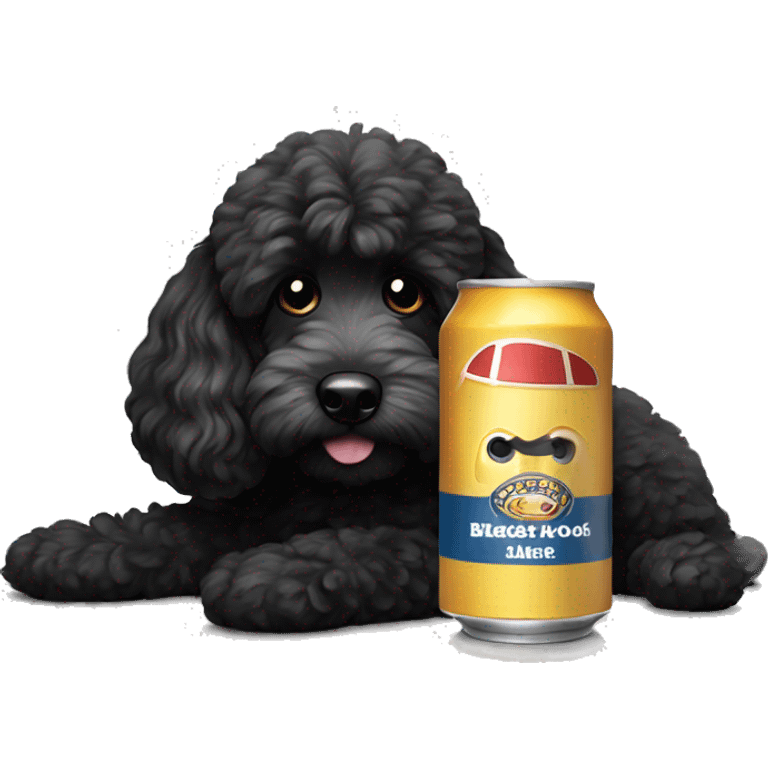 Black cockapoo lying down next to a can of beer emoji