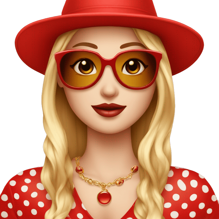 White girl with red polka dotted top and matching hat red sunglasses and gold jewellery  emoji