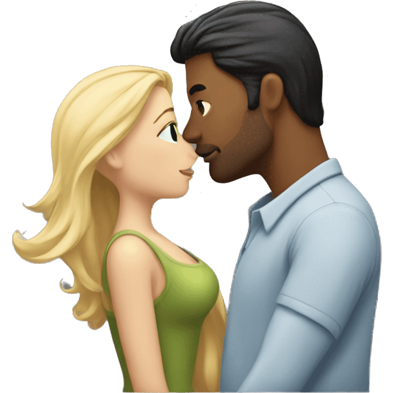 Dark hair man kissing a blond hair woman emoji