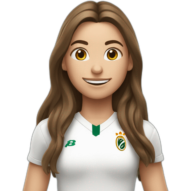 Caucasian girl with long Brown hair doing cr7 celebration as stores a gol emoji