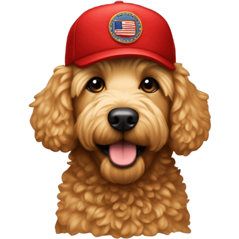 Miniature golden doodle with maga hat emoji