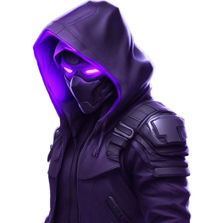 Side view developer behind his laptop with this style : crysis Cyberpunk Valorant neon glowing bright purple character purple violet black hooded assassin themed character emoji