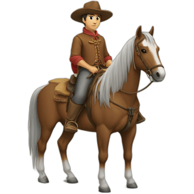 gaucho without a hat, mounted on a horse writing code on a computer emoji