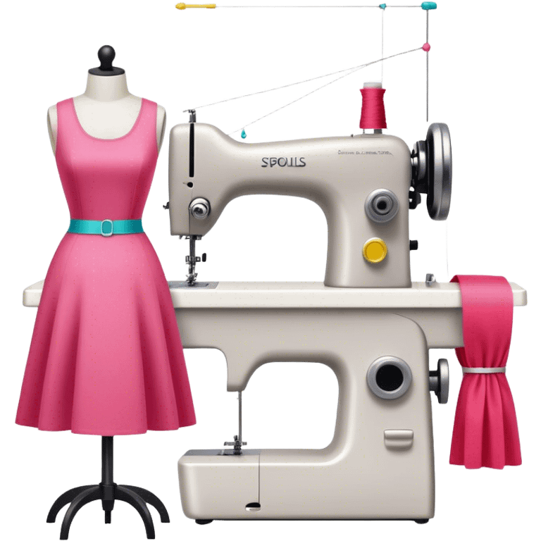 Sewing icon, sewing machine with thread, visible needle, spools of thread, fabric pieces cut according to patterns, measuring tape, pins, scissors, and dresses on mannequins, minimalistic style, clean lines, transparent background. emoji