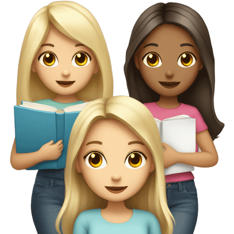 4 cute girls holding books. 2 brunette and 2 blonde emoji