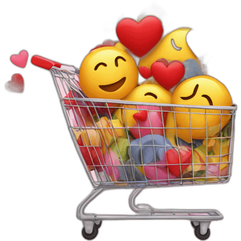 shopping cart with hearts and emojis inside emoji