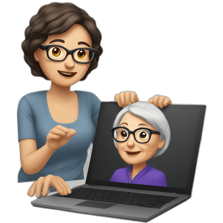 Brunette with glasses coaching old woman on computer emoji