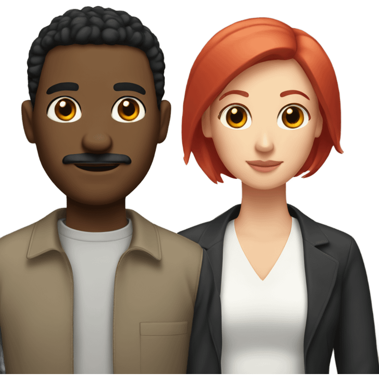 Black man with short black hair and mustache with white woman with straight red hair emoji