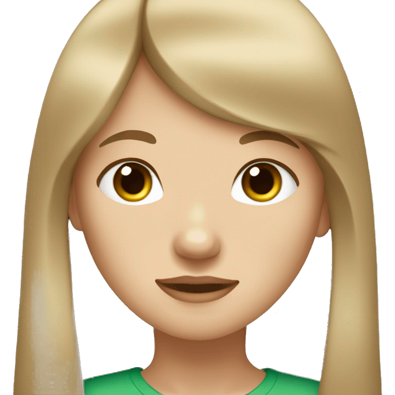 girl with long hair and straight light brown bangs. Her skin color is very white with a little freckles and her eyes are green and brown. emoji