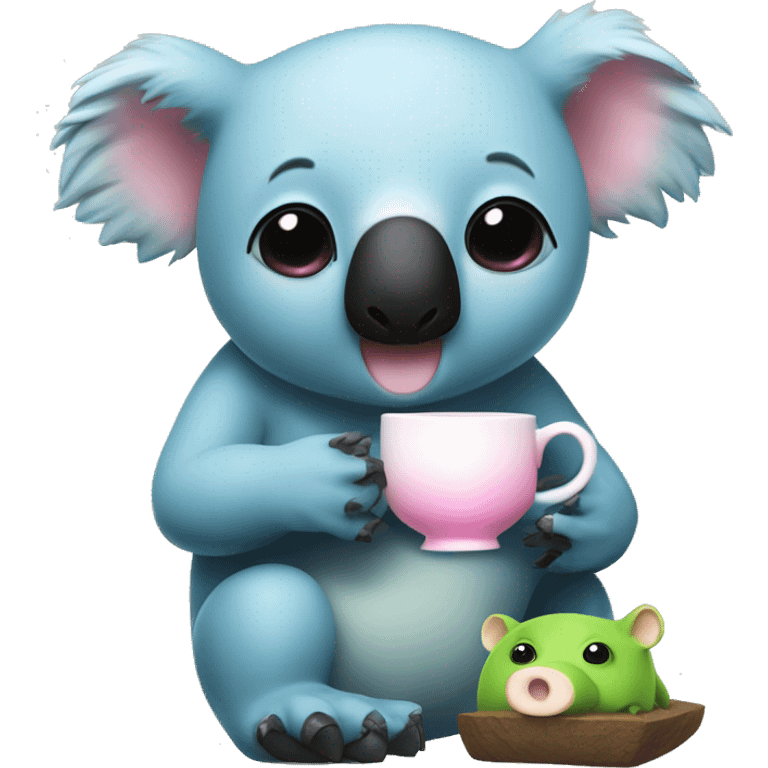 A bipedal blue koala with a white stomach and black eyes and nose having tea with a bipedal green pig with black eyes and a pink nose emoji