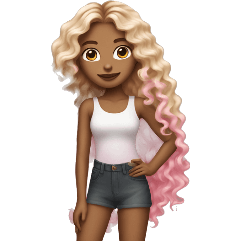 girl with brown and blonde ombré long curly hair white skin holding Pink starbucks refresher emoji