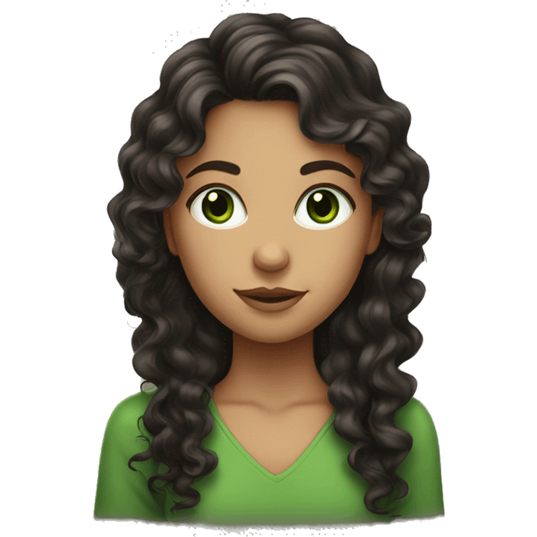 A girl with long curly dark brown hair eith green eyes emoji