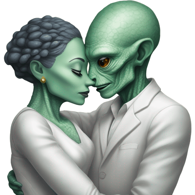 Alien reptilian woman in white dress hugs and kissing White man emoji