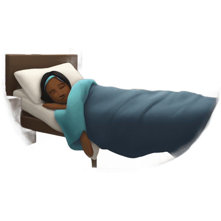 Peacefully sleeping woman in a bed, dark hair, eye mask, and a skyline visible through a window  emoji