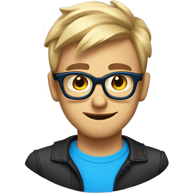 a nerd, with dirty blonde hair, blue and black glasses, with a very devil like smirk on his face. His haircut is a low taper fade emoji