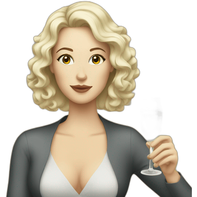 White woman with dark curly hair drinking prosecco emoji