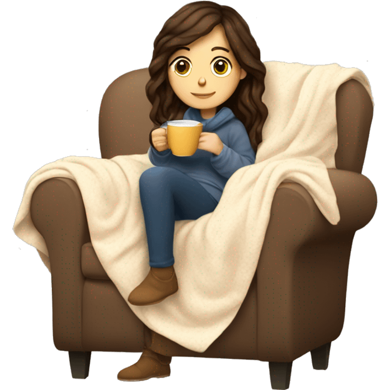 Brunette white girl covered in blanket autumn vibe sitting on a cozy chair holding coffee emoji