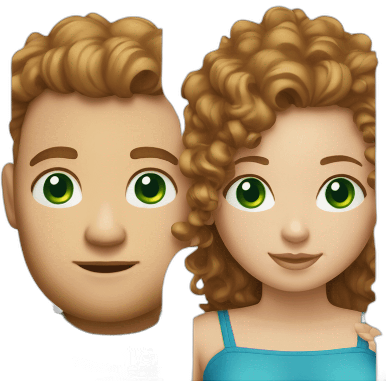 Couple. white European man with brown curly hair and bright blue eyes. chubby wphite woman with long light brown curly hair and green eyes. emoji