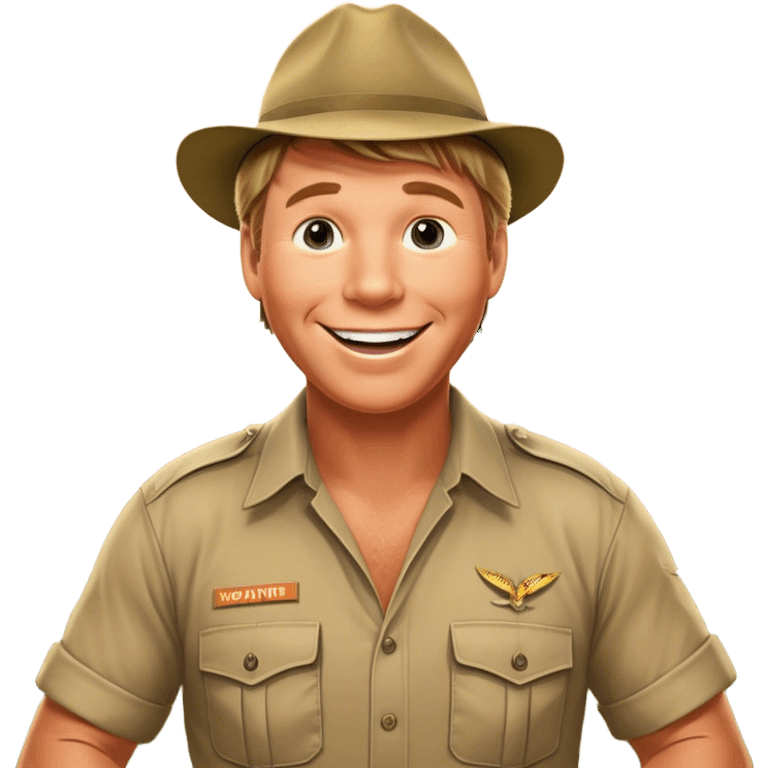 Cinematic Realistic Steve Irwin Portrait Emoji, depicted as a passionate wildlife expert in his signature khaki attire with an enthusiastic smile and a backdrop of the Australian outback, rendered with vibrant textures and dynamic natural lighting that captures his adventurous spirit. emoji