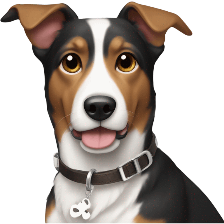 Black white and brown tri colored dog  with floppy ears wearing a T initial collar  emoji