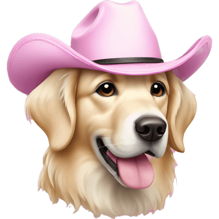 White golden retriever wearing pink cowboy hat emoji