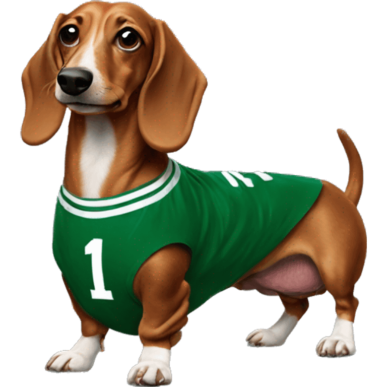 Wiener dog wearing Celtics jersey emoji