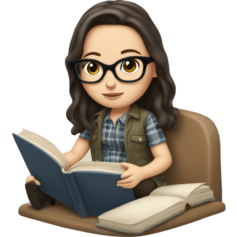 a white girl with glasses and dark hair is sitting in a cot with a plaid and reading a book emoji