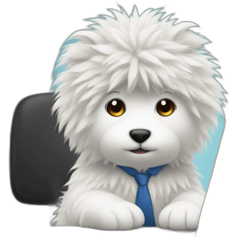 Fluffy working at a desk with a laptop emoji