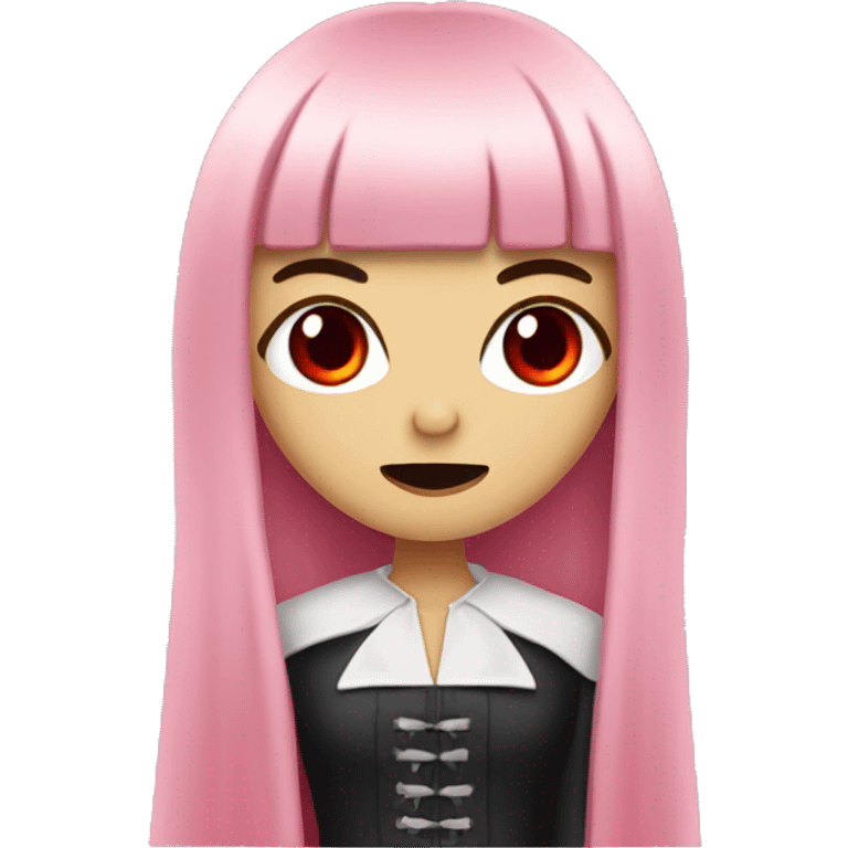 vampire woman with long hair  pastel pink straight bangs and red eyes wielding knife emoji