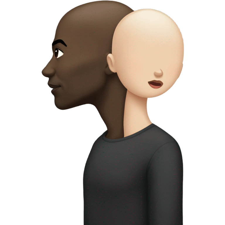 White girl dark hair kissing bald black man emoji