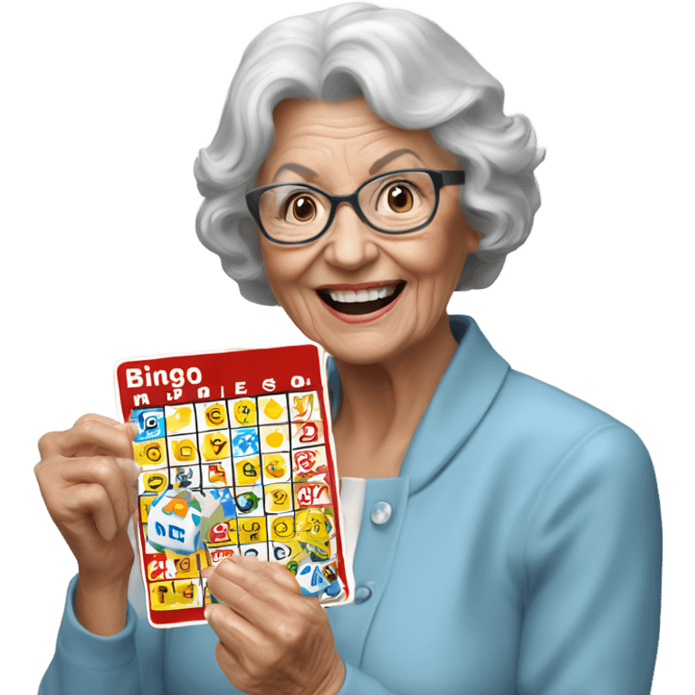 Create a 3d hyper realistic photo of a senior woman holding a bingo card emoji