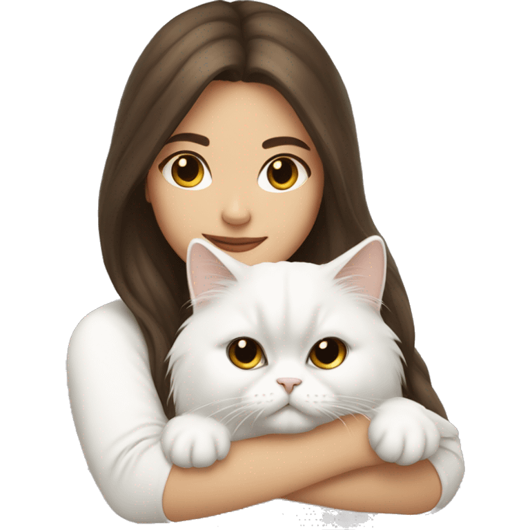 Brunette girl snuggling white Persian cat emoji