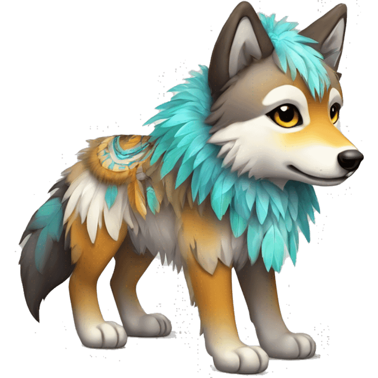 Fluffy Shy Colorful Chibi Spiritual Shamanic Wolf With Shiny Tribal Markings wearing feathers Full Body emoji