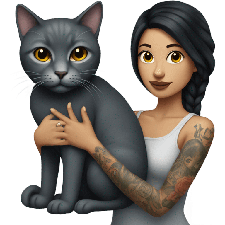 Tattooed dark haired woman holding long hair grey cat emoji