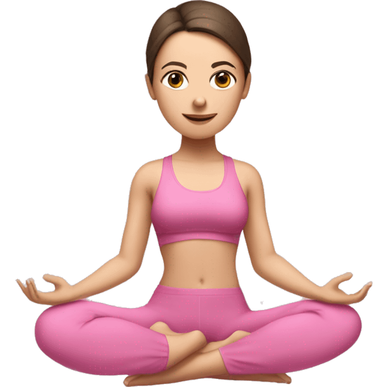 Brunette white girl in pink suit doing yoga with clothed eyes and band on her head emoji