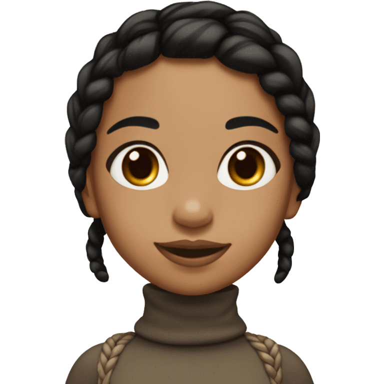 girl mixed skin tan has black and brown braids and medium size lips smiling and brown eyes and a black turtle neck holding up a peace sign emoji