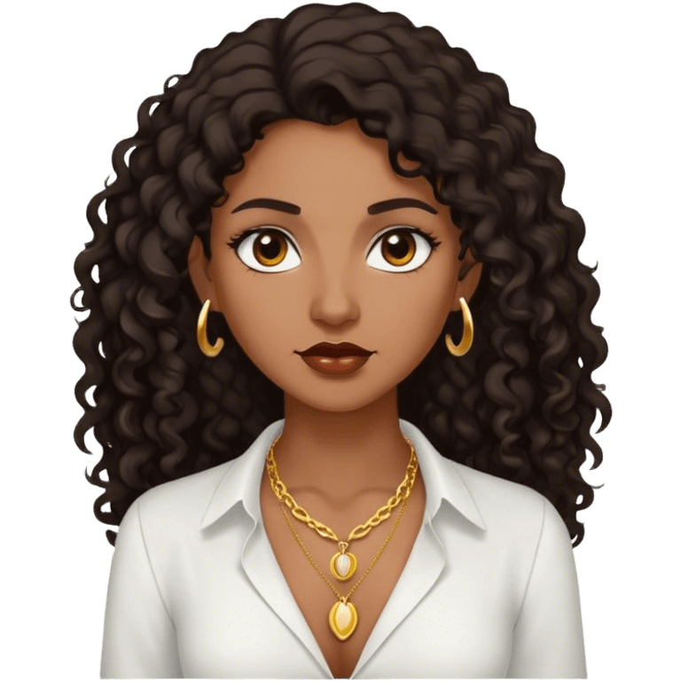 Dark Brown woman with dark curly long hair white dress shirt with gold small necklace no earrings emoji