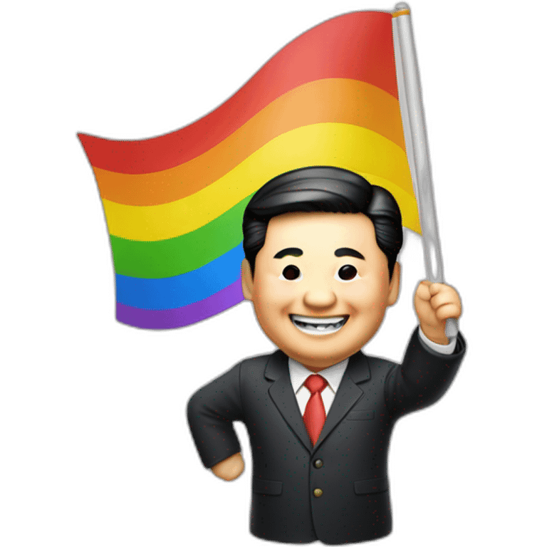 Xi jinping smiling and waving a rainbow flag emoji